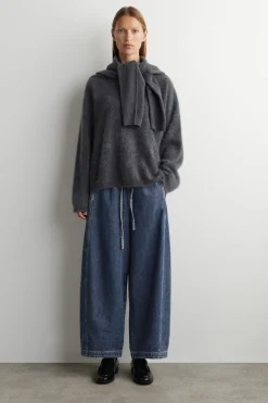 BARREL-LEG DENIM DRAWSTRING PANTS