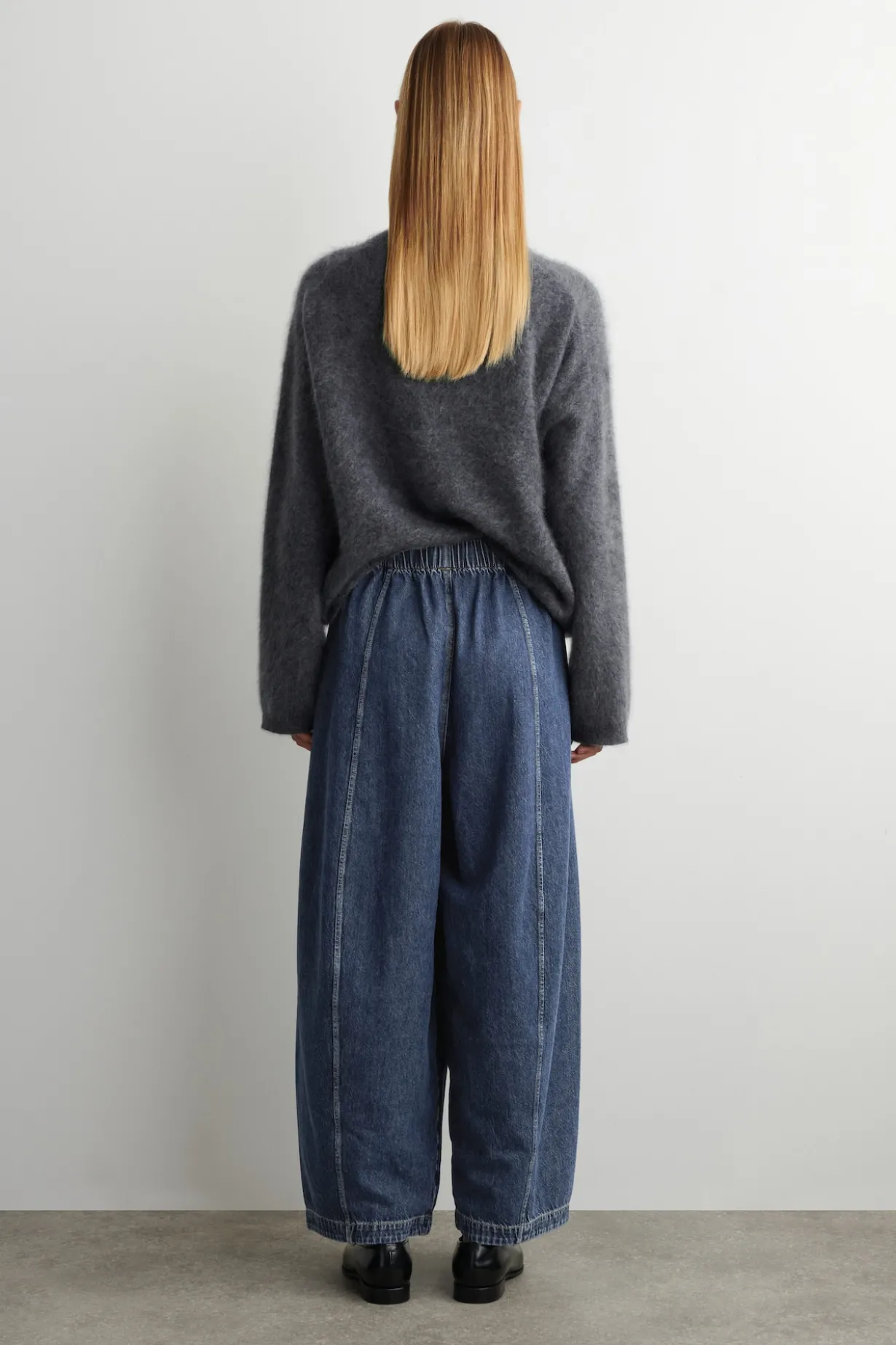 BARREL-LEG DENIM DRAWSTRING PANTS
