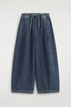 BARREL-LEG DENIM DRAWSTRING PANTS