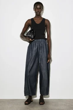 BARREL-LEG DENIM DRAWSTRING PANTS