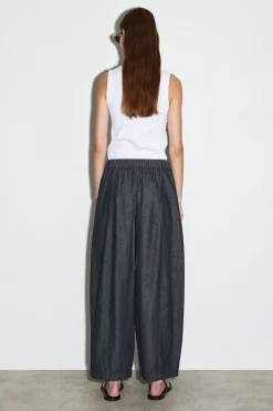 BARREL-LEG DENIM DRAWSTRING PANTS