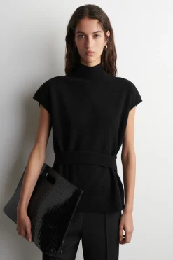 BELT-DETAIL MOCK-NECK WOOL VEST