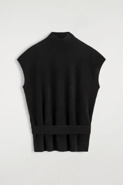 BELT-DETAIL MOCK-NECK WOOL VEST