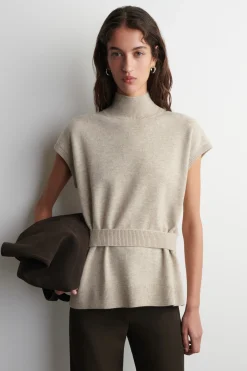 BELT-DETAIL MOCK-NECK WOOL VEST