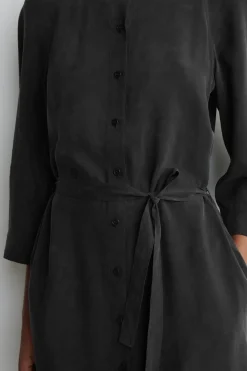 BELTED COLLARLESS MIDI SHIRT DRESS