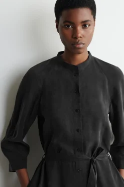 BELTED COLLARLESS MIDI SHIRT DRESS