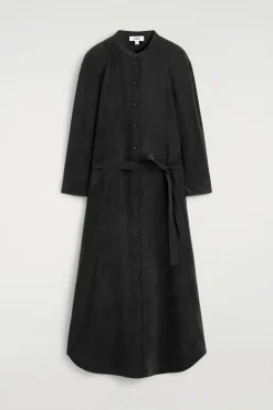 BELTED COLLARLESS MIDI SHIRT DRESS