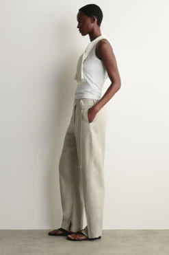BELTED LINEN BARREL-LEG PANTS