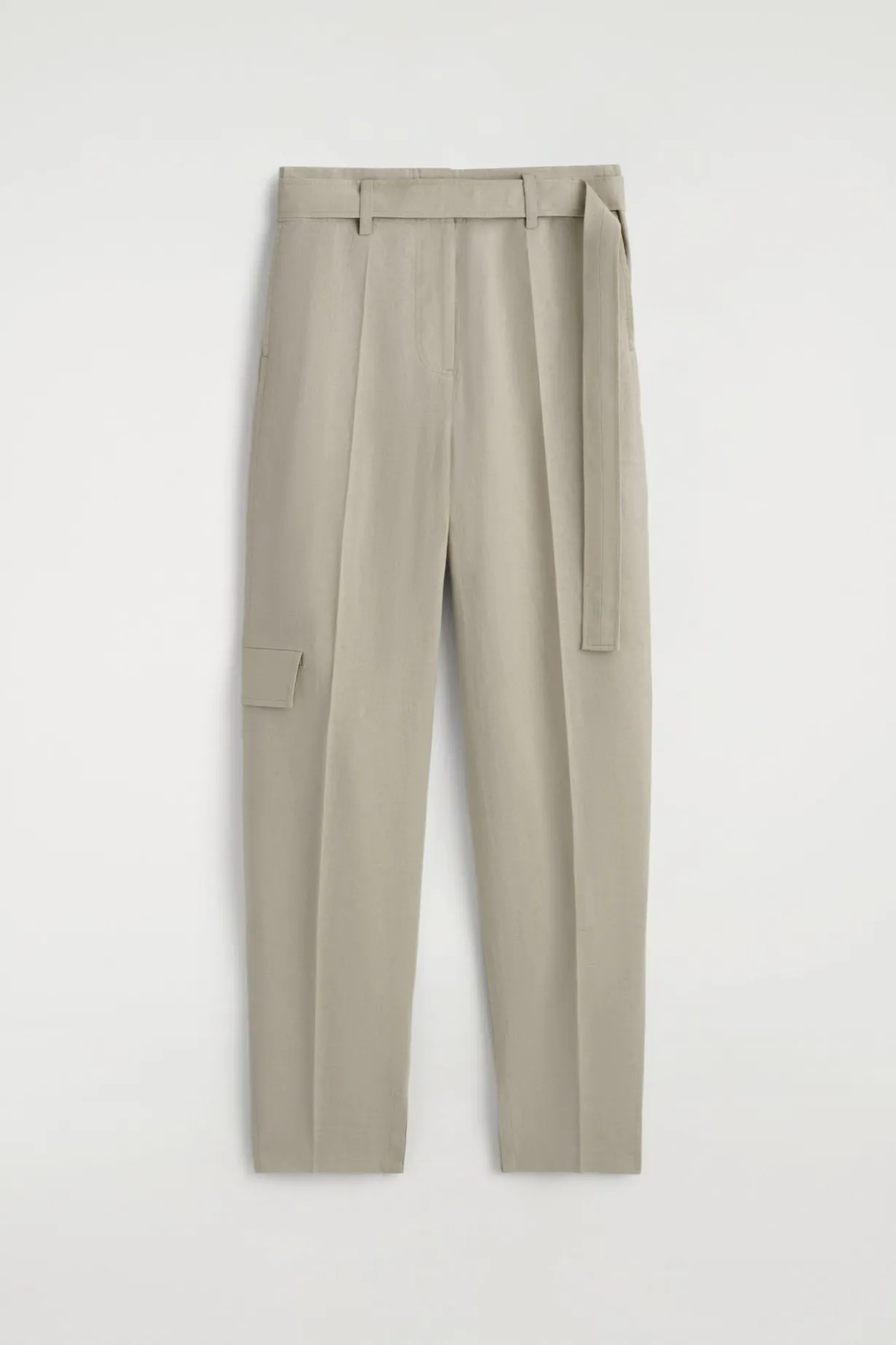 BELTED LINEN BARREL-LEG PANTS