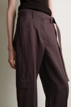 BELTED LINEN BARREL-LEG PANTS