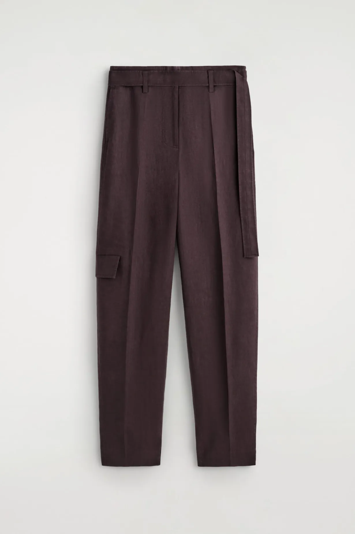 BELTED LINEN BARREL-LEG PANTS