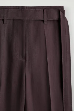 BELTED LINEN BARREL-LEG PANTS