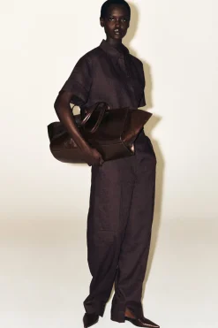 BELTED LINEN BARREL-LEG PANTS