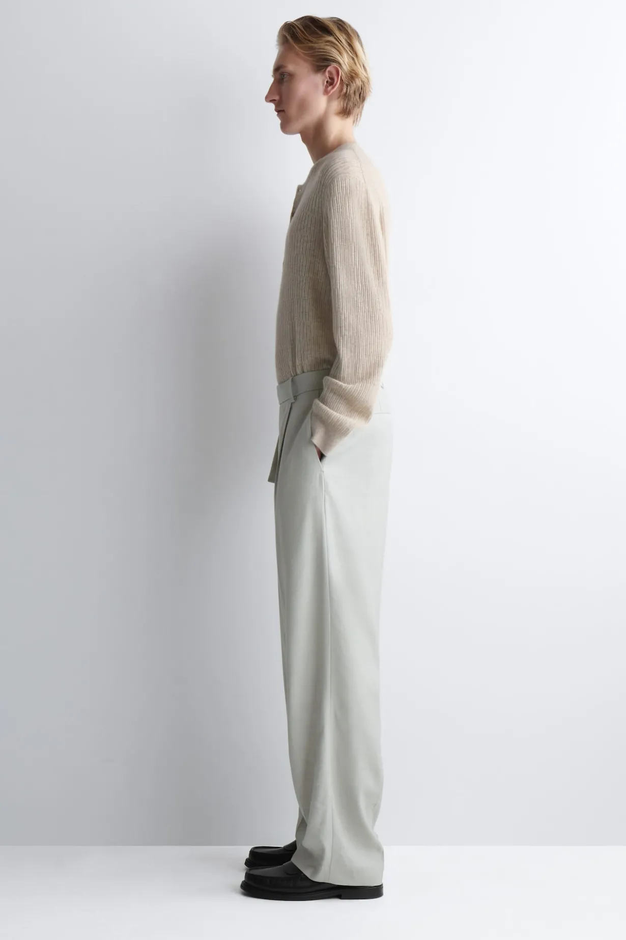 BELTED LINEN-BLEND RELAXED-FIT WIDE-LEG PANTS