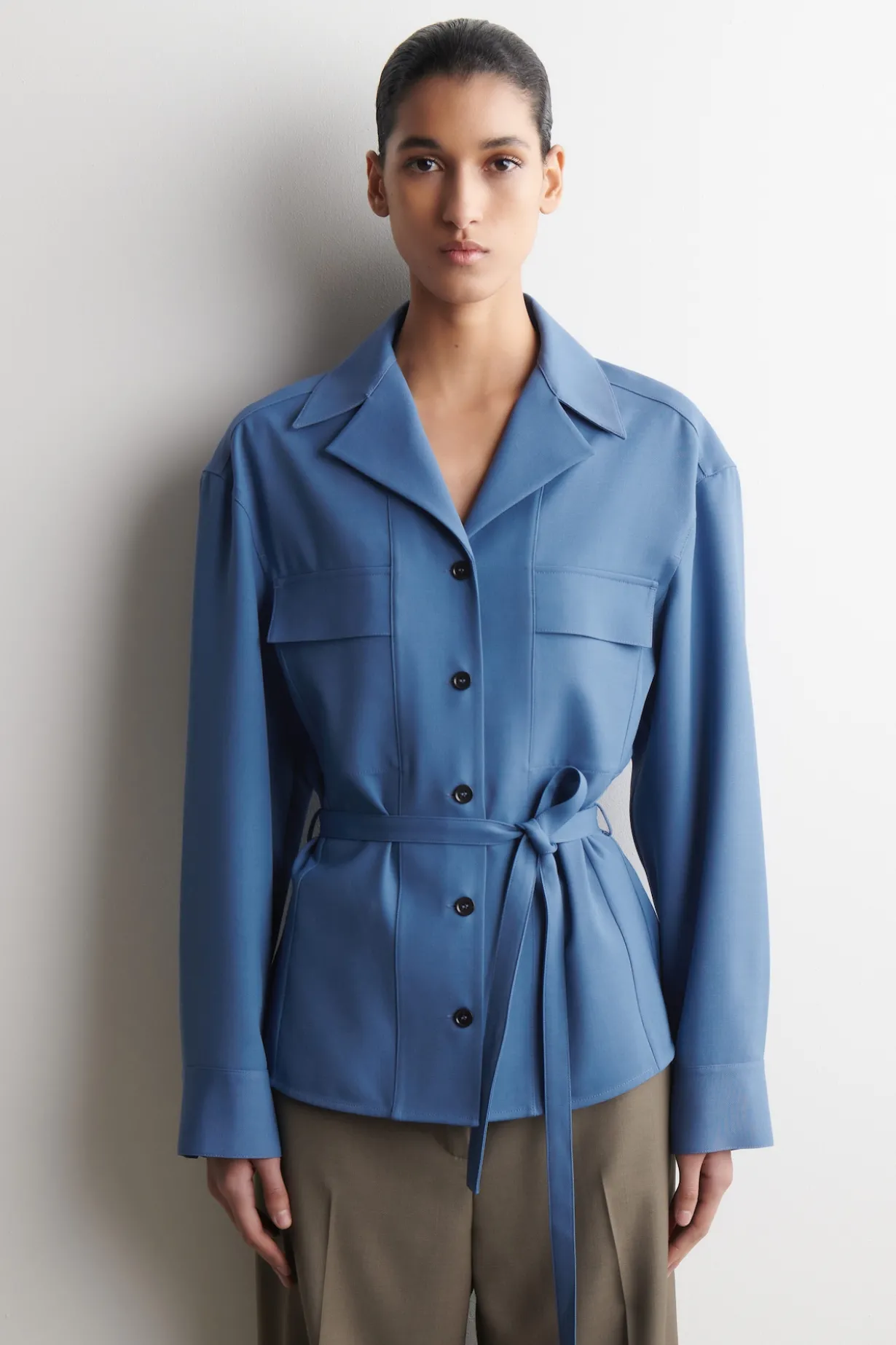 BELTED MERINO WOOL BLEND UTILITY SHIRT