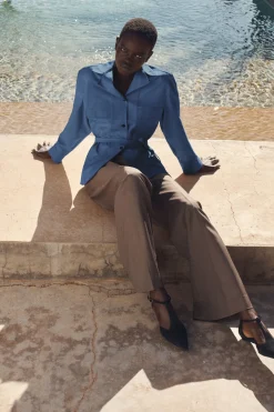 BELTED MERINO WOOL BLEND UTILITY SHIRT