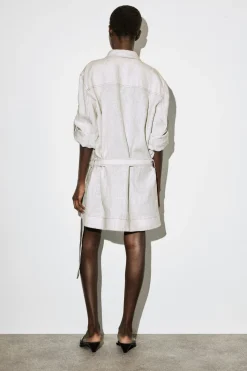 BELTED PLEATED LINEN MINI SHIRT DRESS