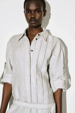 BELTED PLEATED LINEN MINI SHIRT DRESS