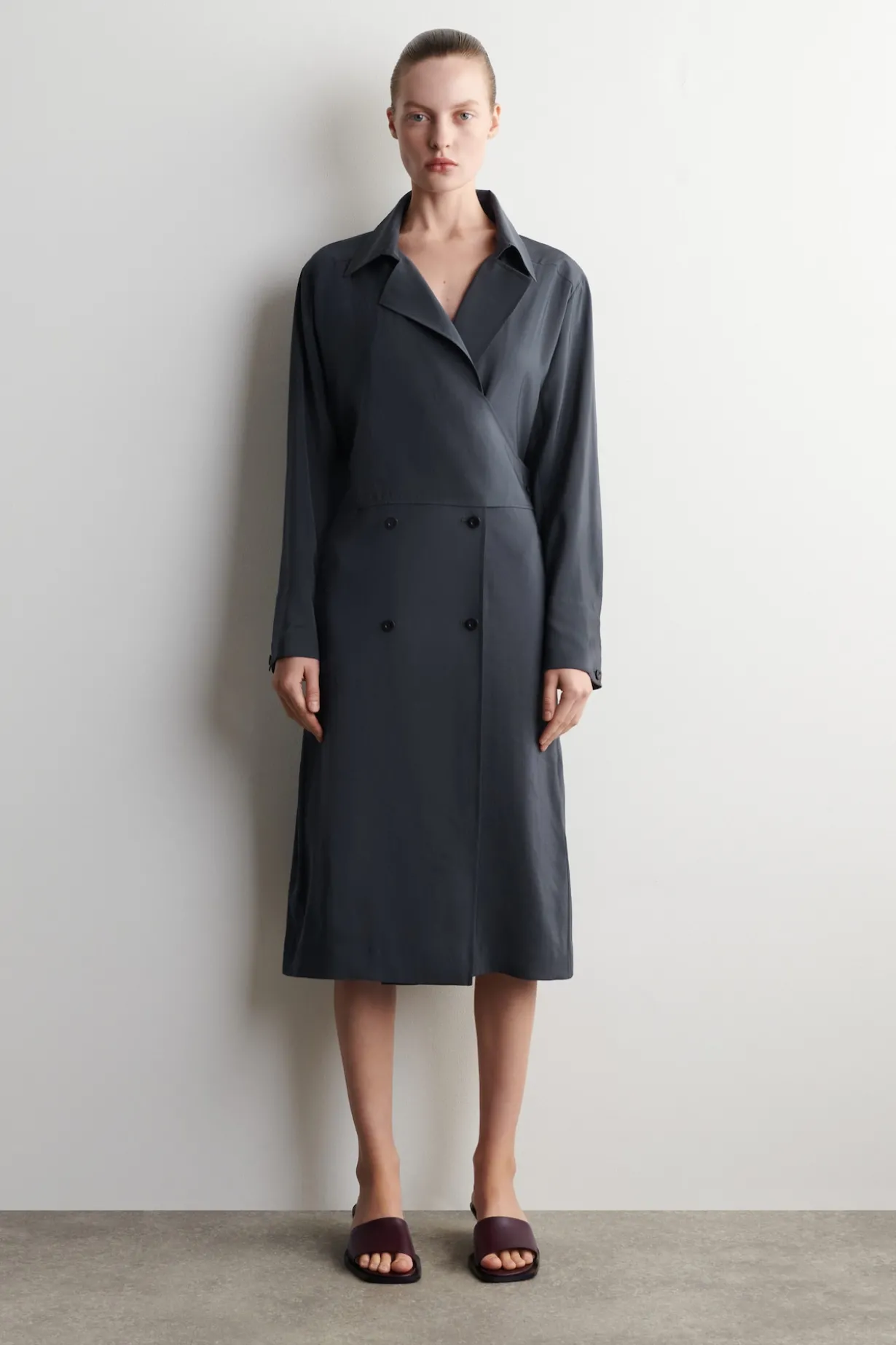 BELTED TRENCH-DETAIL MIDI DRESS