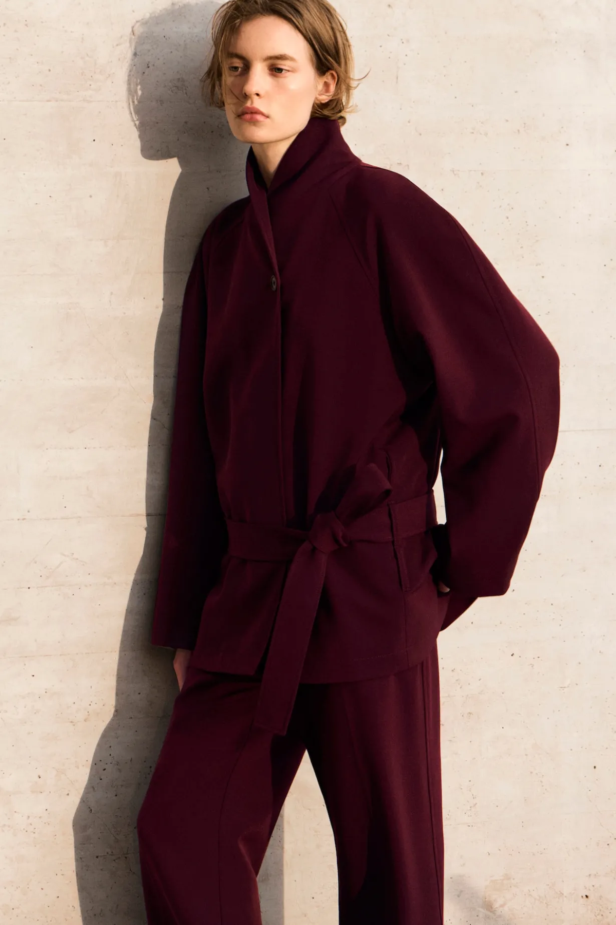 BELTED WOOL-BLEND SHAWL-COLLAR JACKET