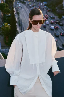 BIB-FRONT CRINKLED-COTTON SHIRT
