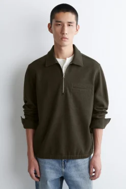 BOILED-WOOL ZIP-UP POLO SWEATER