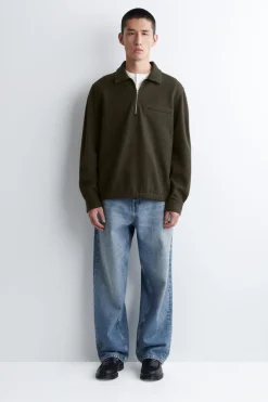 BOILED-WOOL ZIP-UP POLO SWEATER