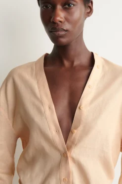 BUTTON-DETAIL LINEN V-NECK SHIRT