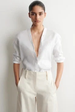 BUTTON-DETAIL LINEN V-NECK SHIRT