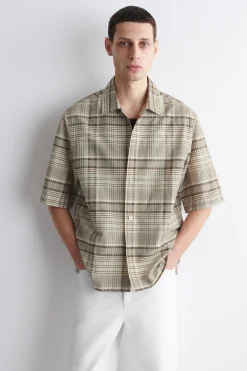 CHECKED LINEN-BLEND SHORT-SLEEVED SHIRT