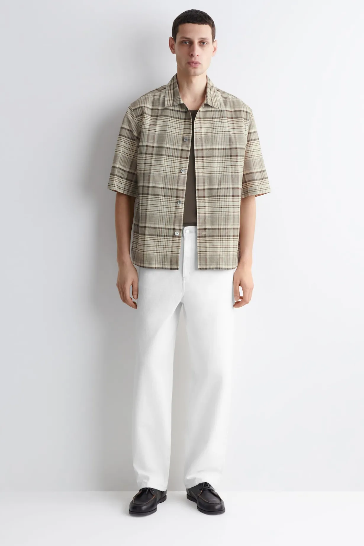 CHECKED LINEN-BLEND SHORT-SLEEVED SHIRT