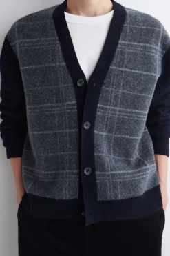 CHECKED WOOL V-NECK CARDIGAN