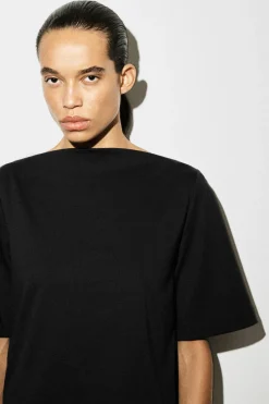 CONTRAST-PANEL BOAT-NECK MIDI DRESS