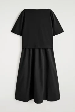 CONTRAST-PANEL BOAT-NECK MIDI DRESS