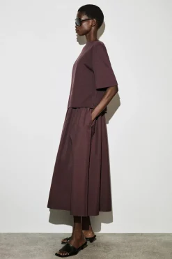 CONTRAST-PANEL BOAT-NECK MIDI DRESS