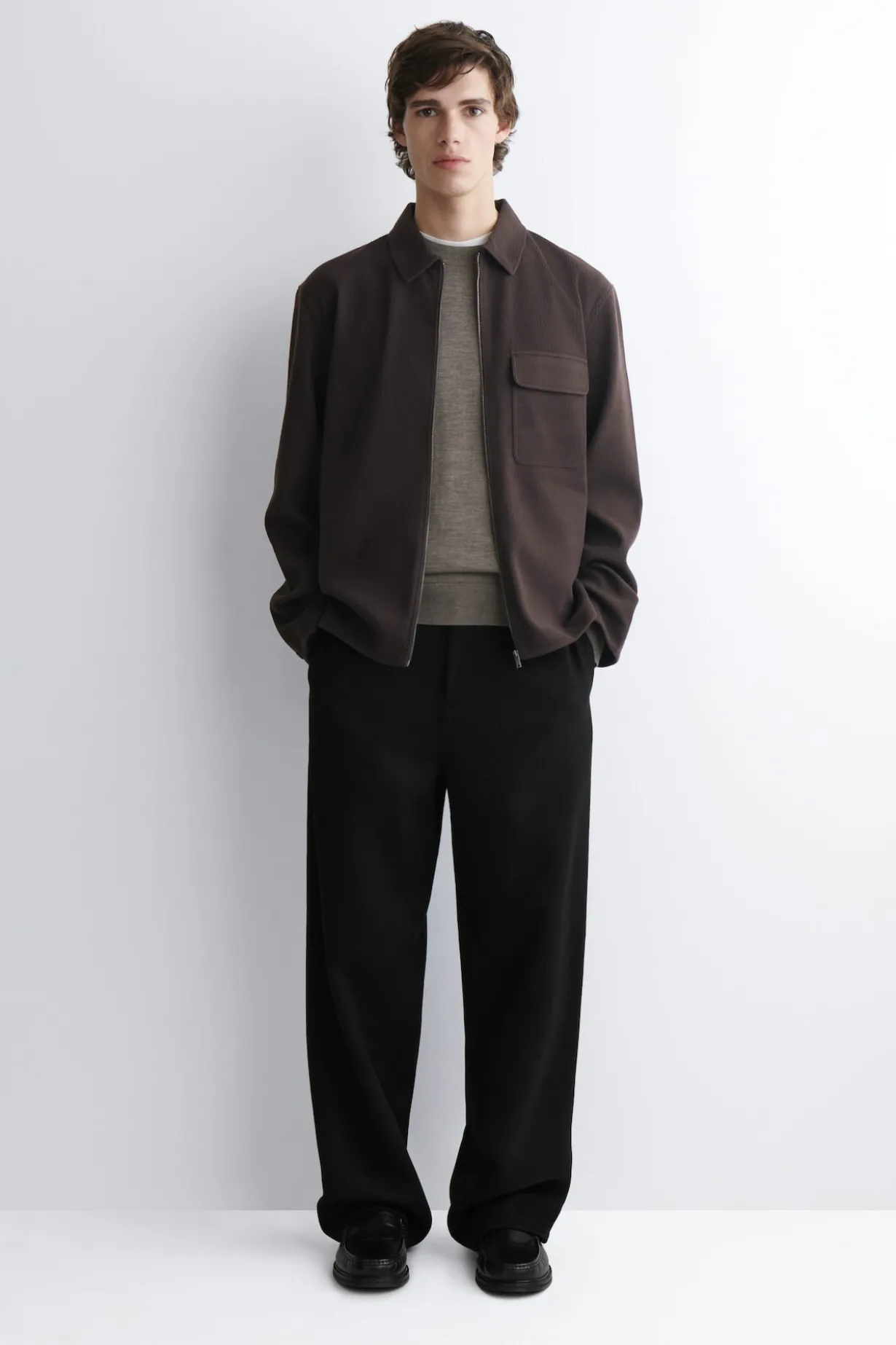CORDUROY-JERSEY ZIP-UP OVERSHIRT