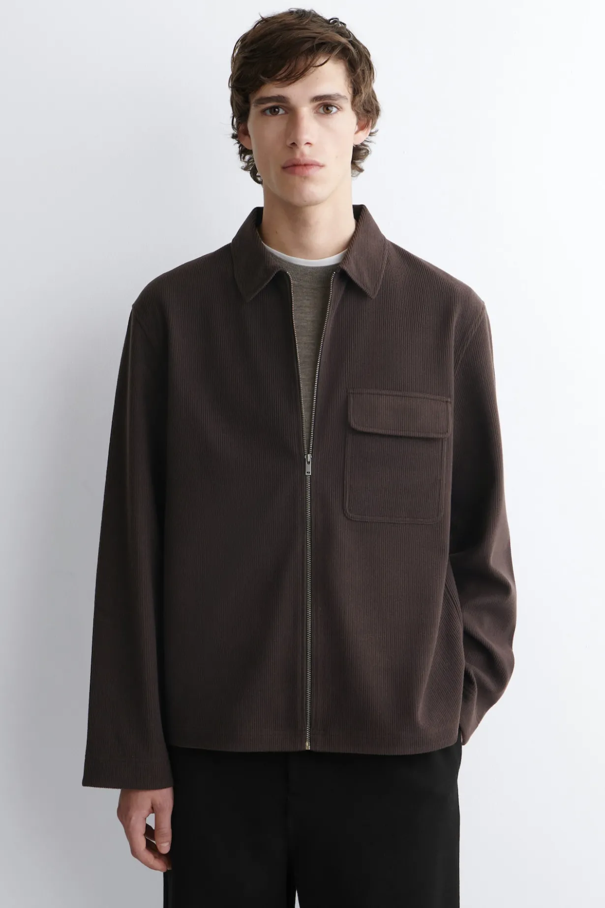 CORDUROY-JERSEY ZIP-UP OVERSHIRT