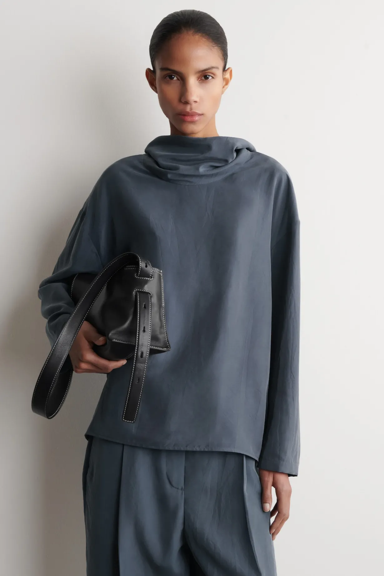 CRINKLED-SILK MOCK-NECK TOP