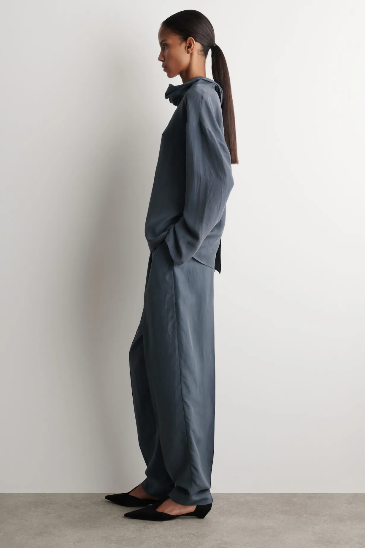 CRINKLED-SILK MOCK-NECK TOP