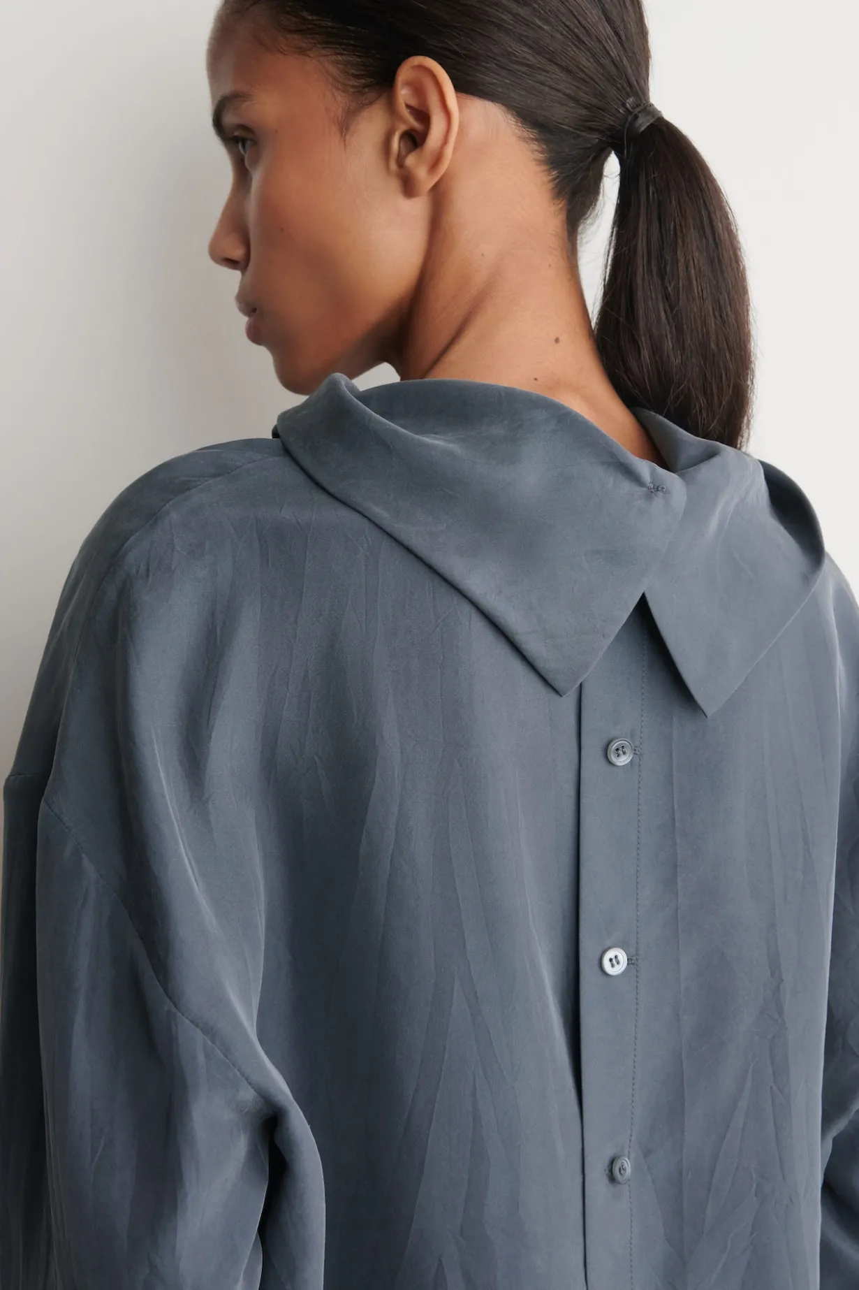 CRINKLED-SILK MOCK-NECK TOP
