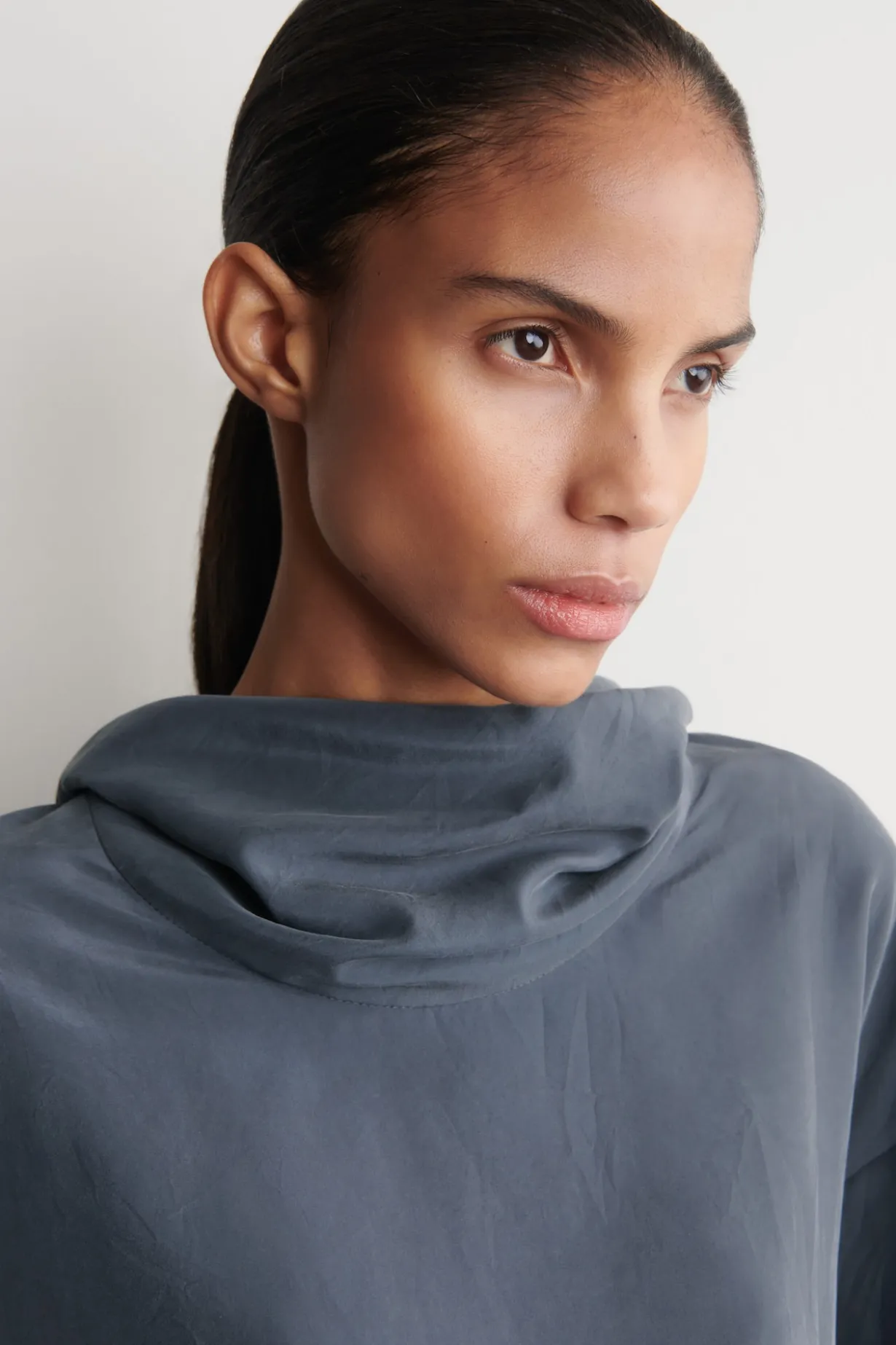 CRINKLED-SILK MOCK-NECK TOP