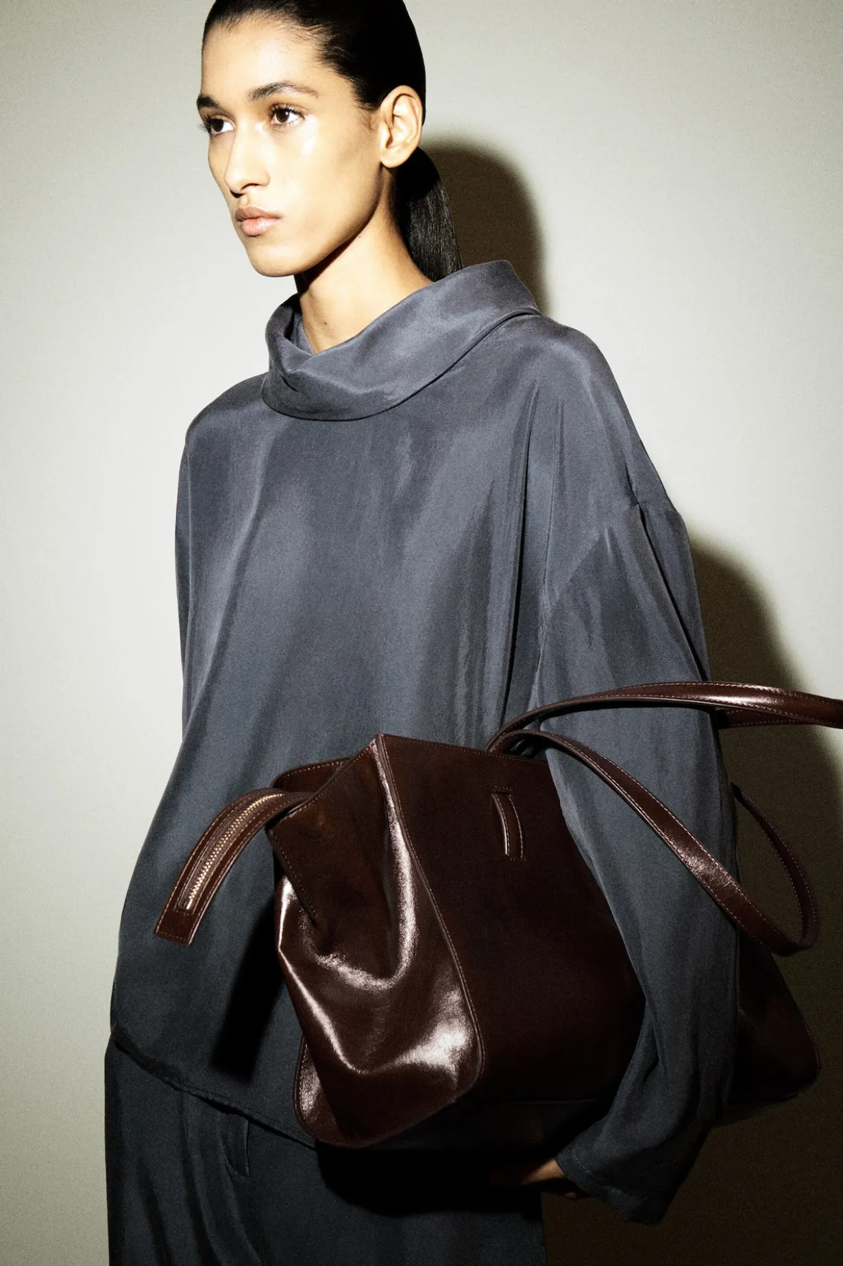 CRINKLED-SILK MOCK-NECK TOP