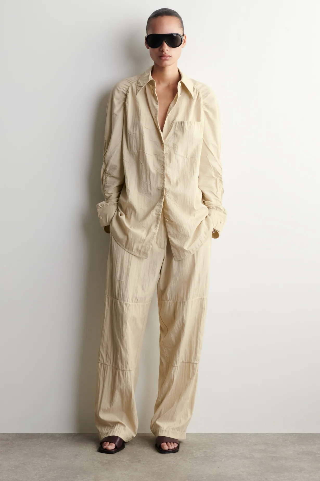CRINKLED-SILK STRAIGHT-LEG PANTS