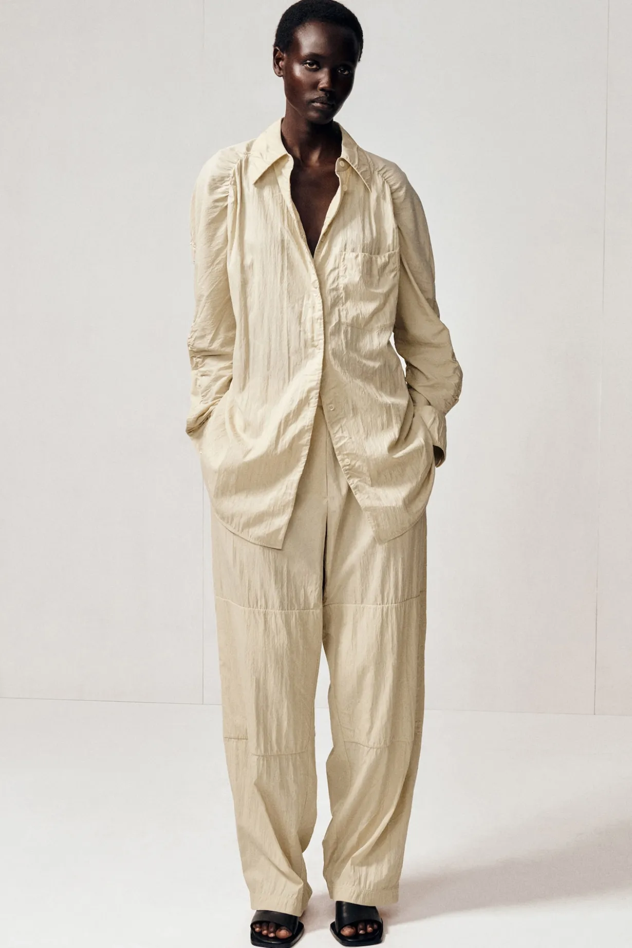 CRINKLED-SILK STRAIGHT-LEG PANTS