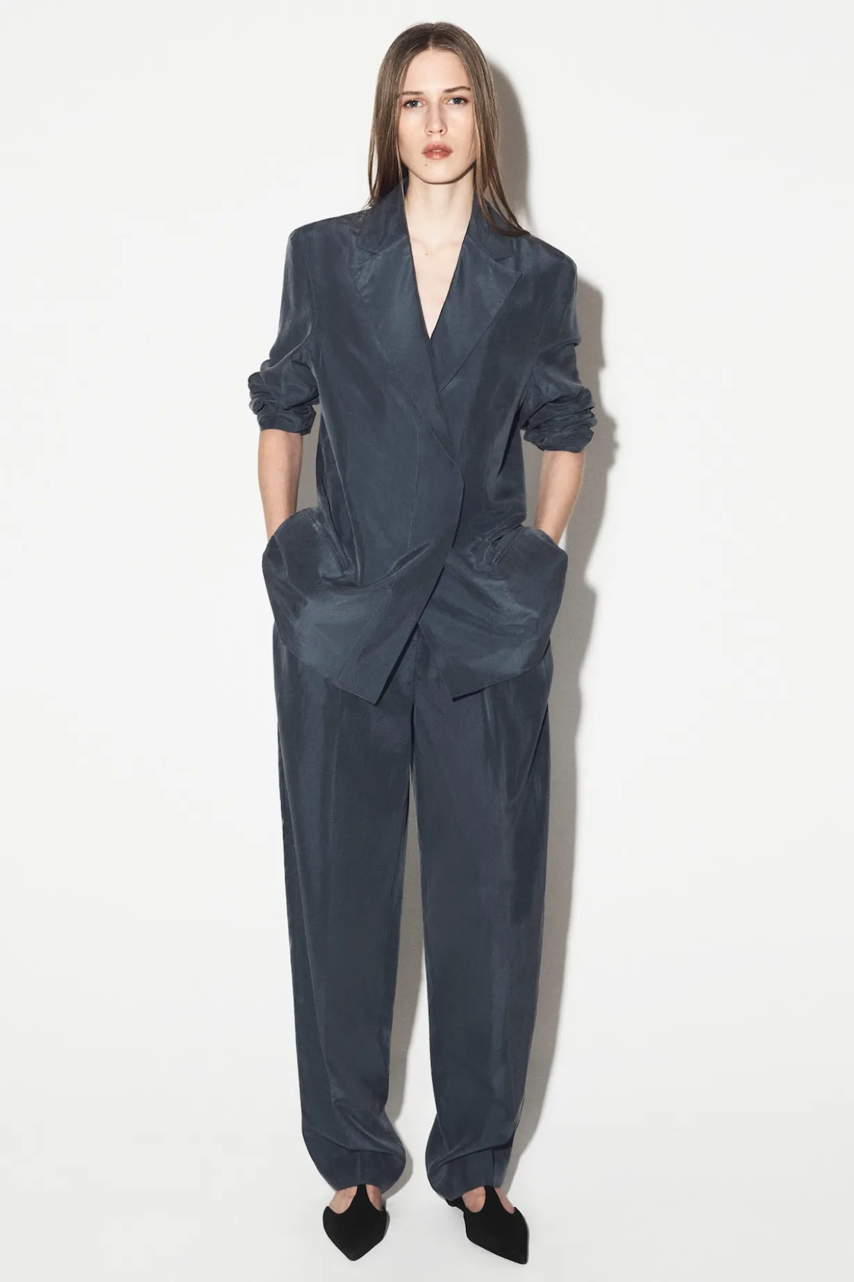 CRINKLED-SILK STRAIGHT-LEG PANTS