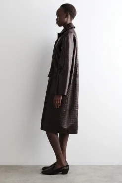 CROC-EFFECT LEATHER LONG COAT