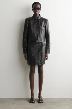 CROC-EFFECT LEATHER MINI WRAP SKIRT