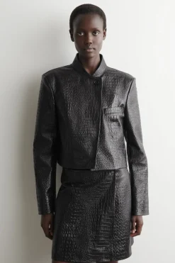 CROPPED CROC-EFFECT LEATHER BLAZER
