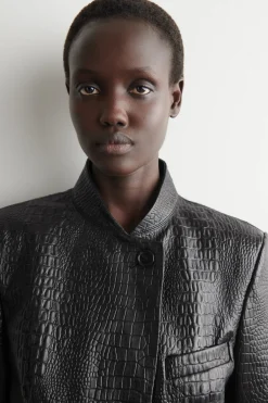 CROPPED CROC-EFFECT LEATHER BLAZER