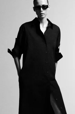 CURVED-SLEEVE COTTON MIDI SHIRT DRESS